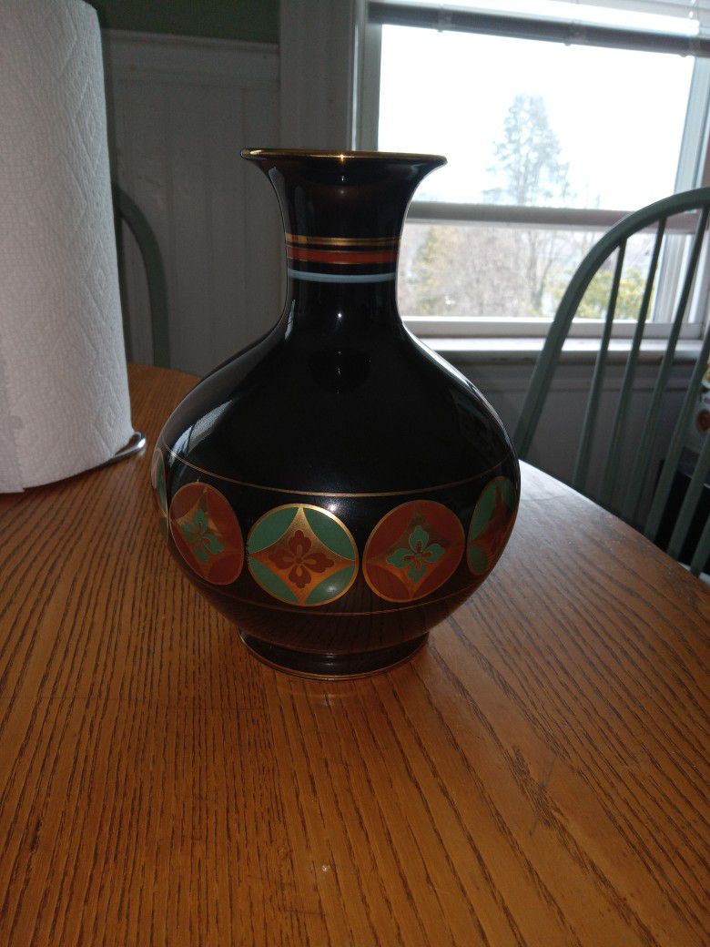 Vintage 70's Asian Enamel Glazed Floral Vase