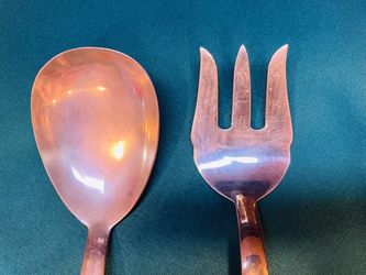 Vintage mid century solid brass and wood serving fork and spoon