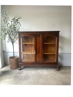 Antique Oak Glass-Door Display Cabinet