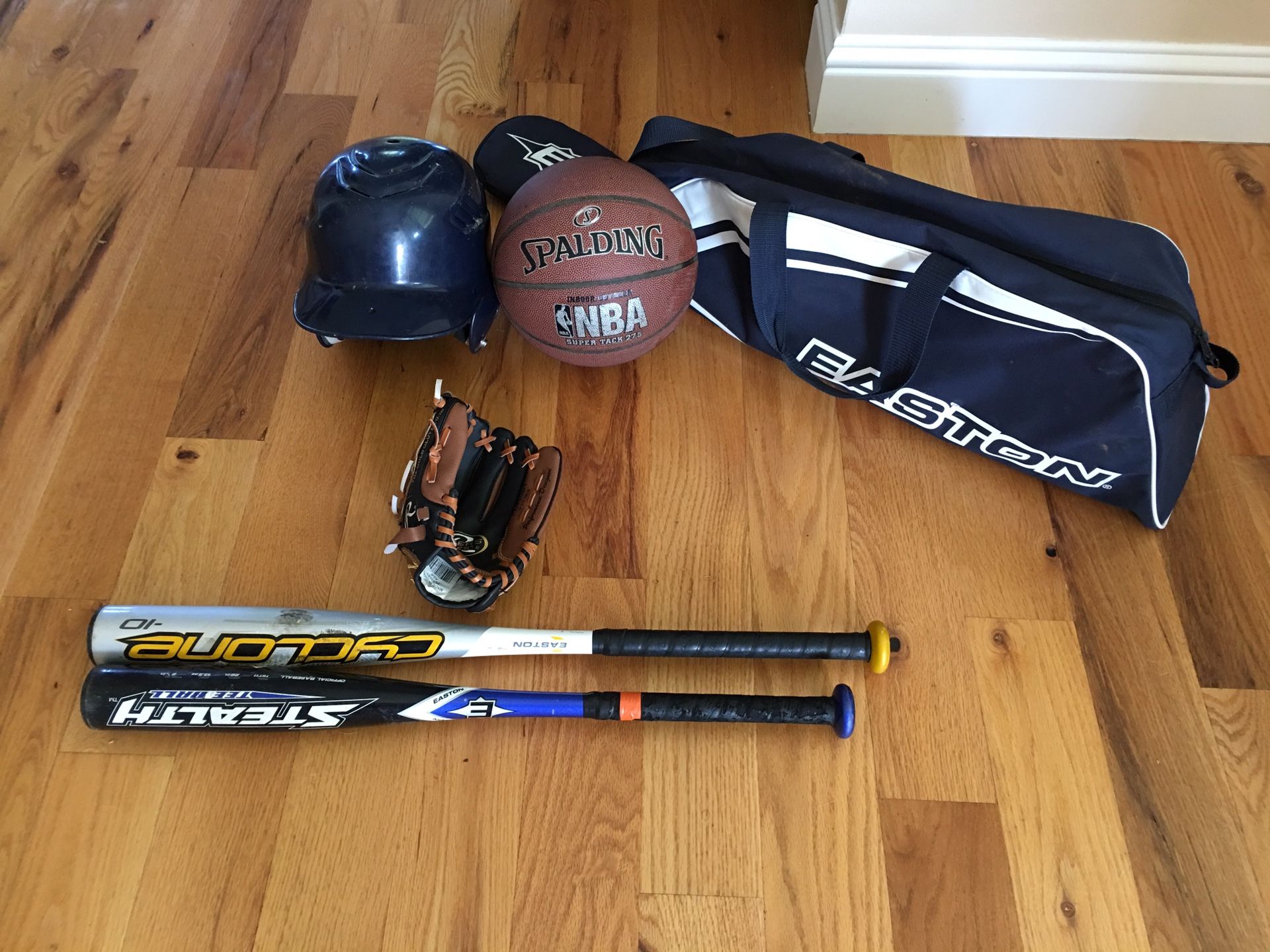 Baseball bats, baseball gloves mitt, baseball helmet, bag