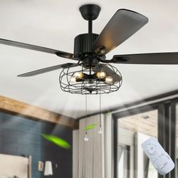 42" Black Industrial Metal Caged Ceiling Fan with Remote Control and Light Kit, 3-Speed Reversible Ceiling Fan