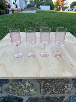 (4) Ribbed Pink Wine Glasses