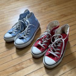 2 Converse Chuck Taylor All Star Red & Blue Canvas Sneakers Unisex Sz. 7Wom/5Men