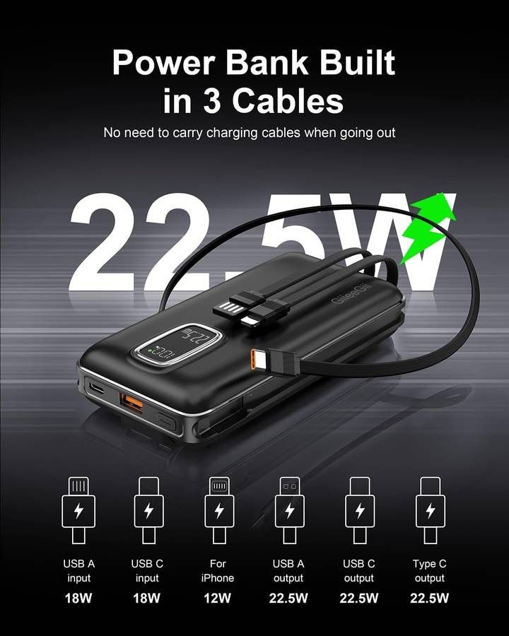 new Portable Charger, 20000mAh 22.5W Fast Charging Power Bank with Built in USB-C,USB-A& iOS Cable,Battery Backup for iPhone 16 15 14 13, Samsung, iPa