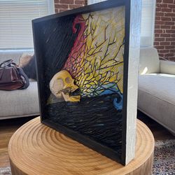 Handmade Mixed Media Shadow Box Art – Skull Ocean Storm Wall Piece