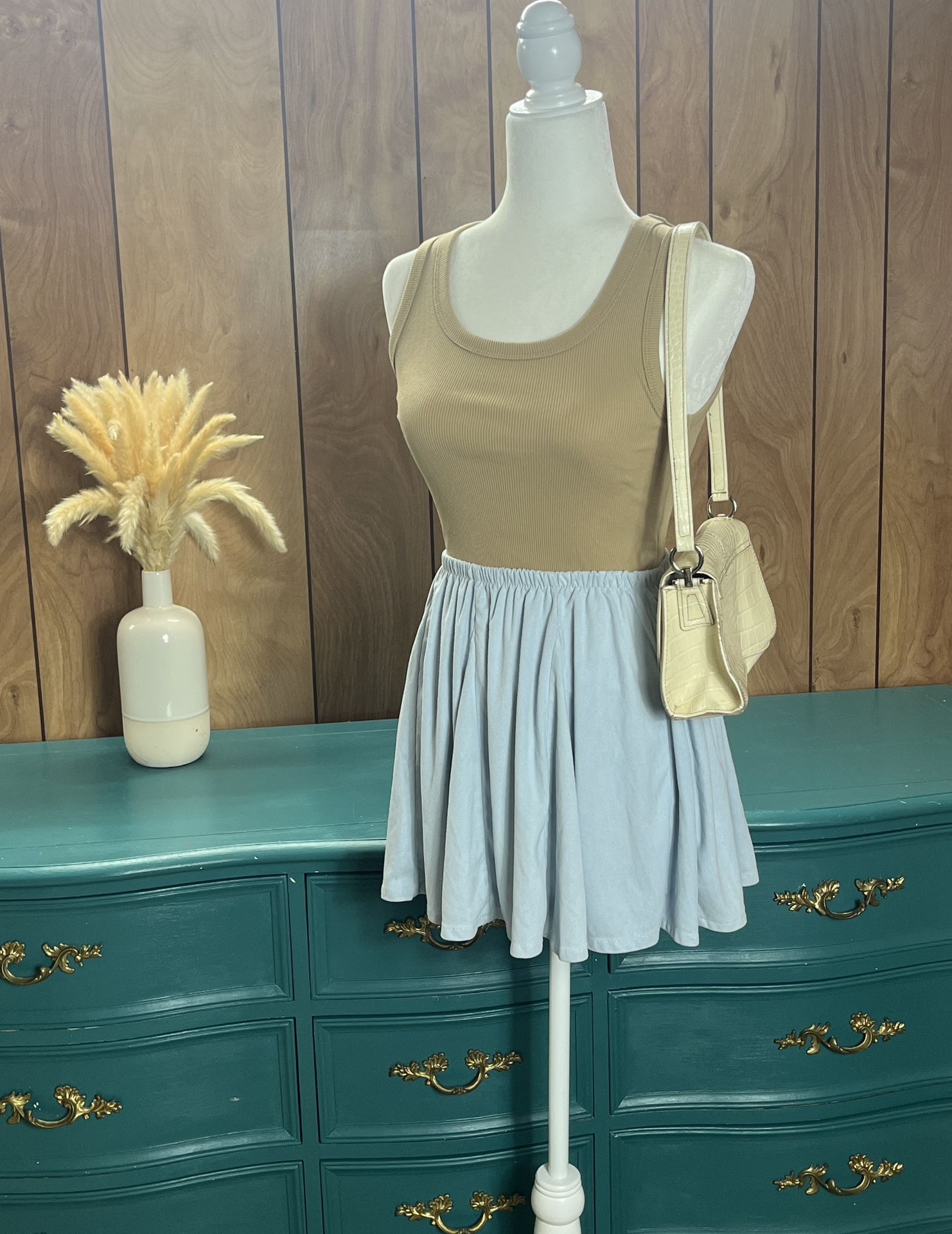 NEUTRAL TANK & SKY BLUE MINI SKIRT SET