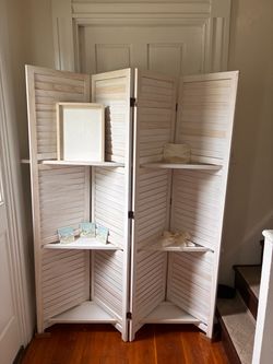 White Wood Shutter Room Divider with Shelves