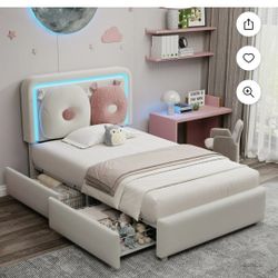 Vipuse Twin-size Upholstered Led Bed Frame Off White 