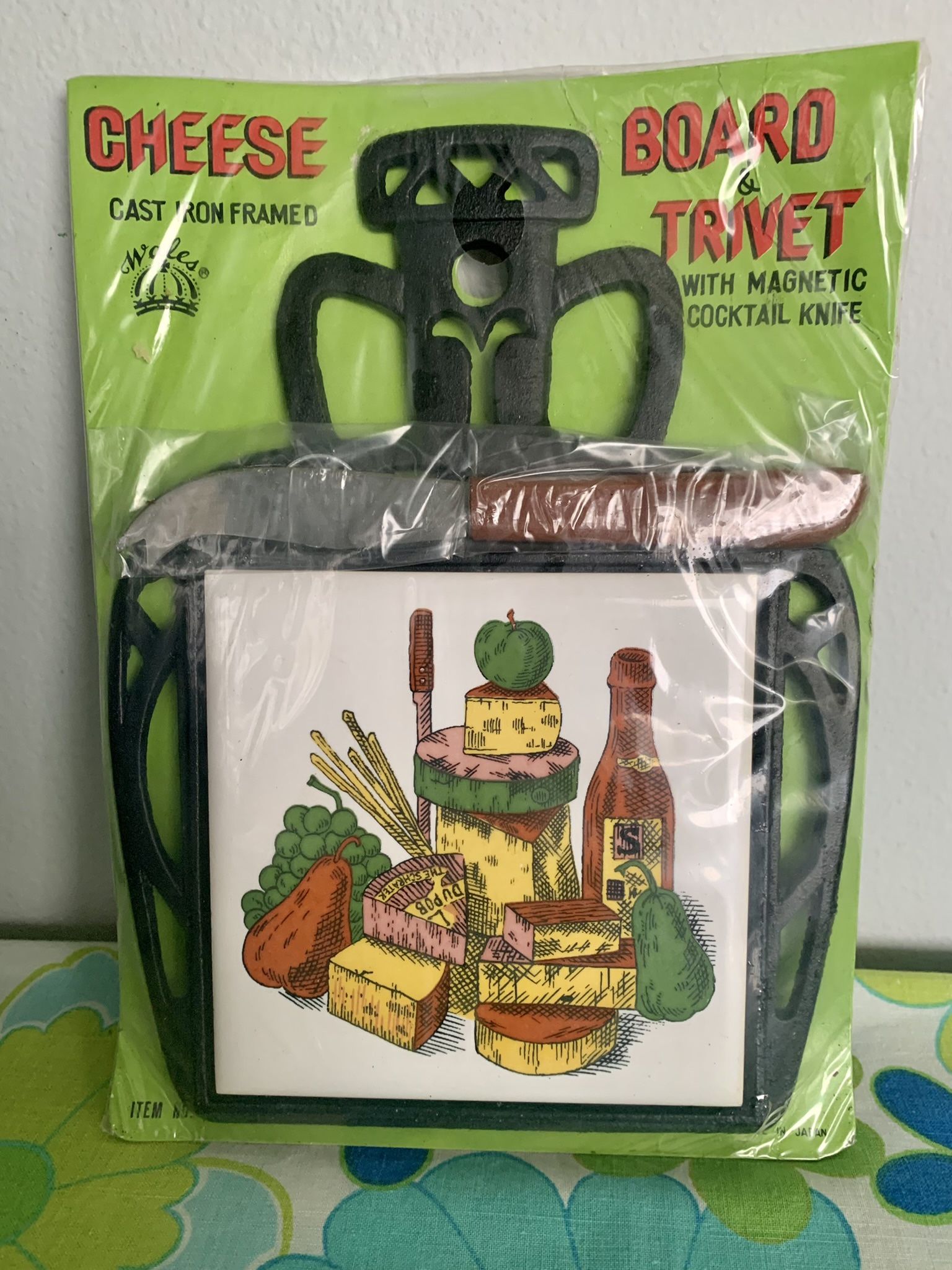 Vintage Cast iron No/ tile trivet cheese board w/ cheese knife . Made in Japan New old stock still sealed in plastic.