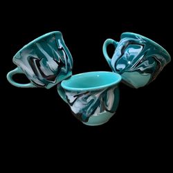 Vintage Set of 3 Marbleized Green & Black Coffee Cups