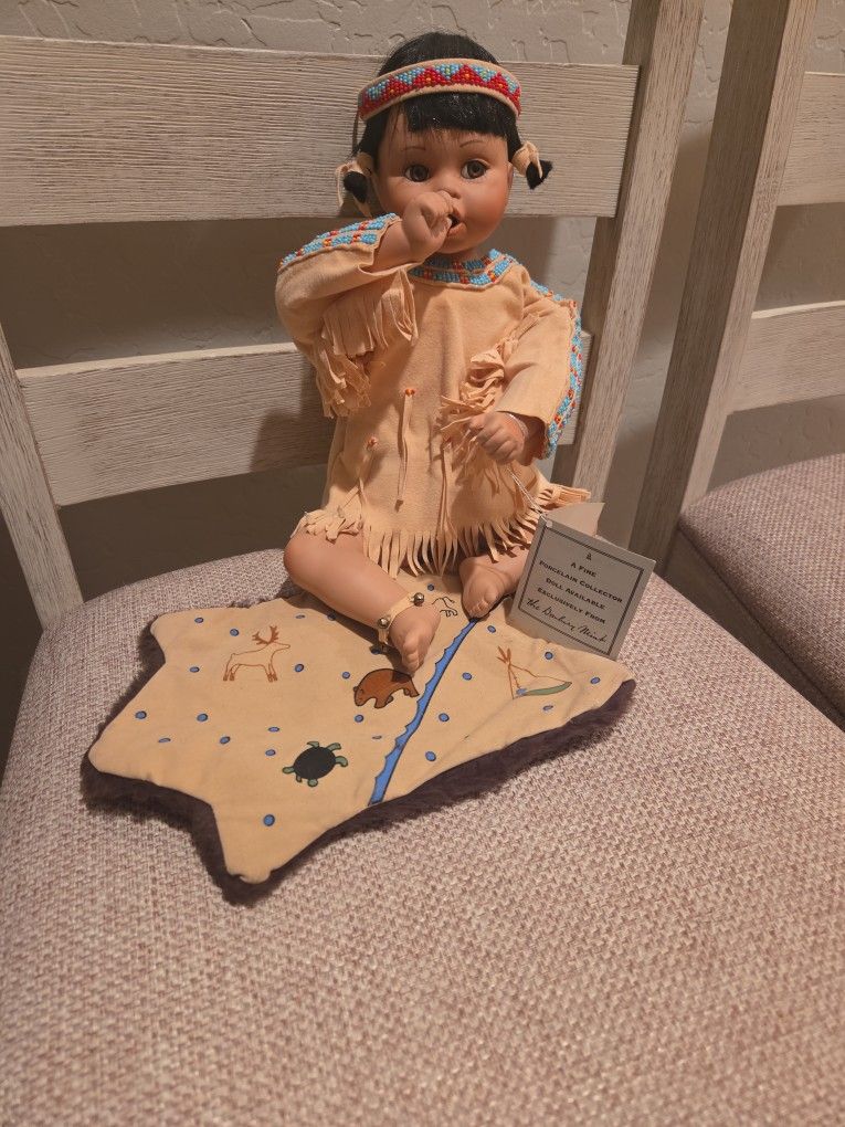 Danbury Mint Porcelain Native American "Sunflower" Doll Beaded Clothing With Bear Mat