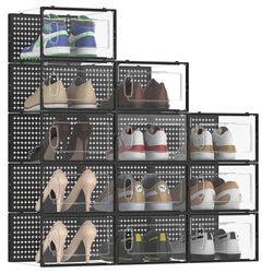 12 Pack Large Shoe Storage Box Organizer for Closet Black
