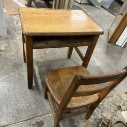 Solid Wood Antique Child’s School Desk And Chair 