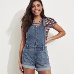 HOLLISTER Button Up High-Rise Mom 4” Short Cuffed Hem Summer Denim Overalls NEW