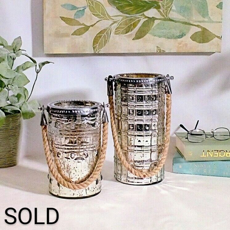 2 Piece Set Mercury Glass & LED Candle Holders 10"x6" & 8"x6" home decor, candles, votives, pillar candles, hurricane 