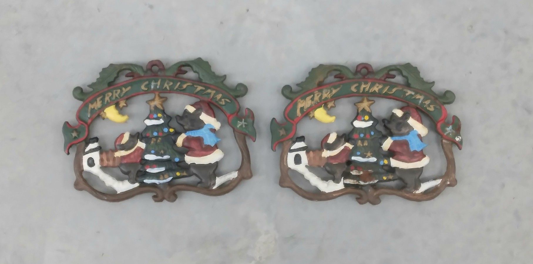 Vintage Cast Iron Merry Christmas Santa Bears Trivets/Wall Hangers