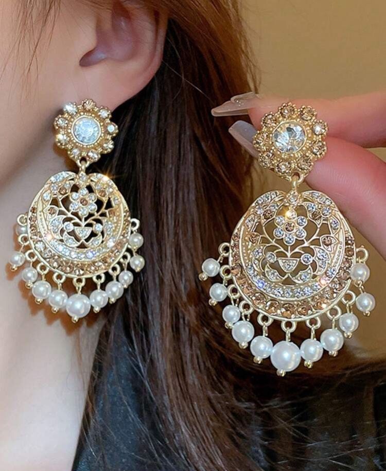 (Afghani Earrings)Vintage Earrings, Pearl, And Rhinestone, French Fashion, Luxurious Earings