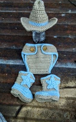 Crochet baby cowboy set.