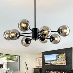 New 31.5”W 8-Light Sputnik Chandelier Black/Grey Glass Globe Bubble Pendant Adjustable Height Dimmable