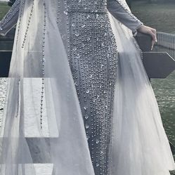 Gray Pearls Beaded Luxury Evening Dress