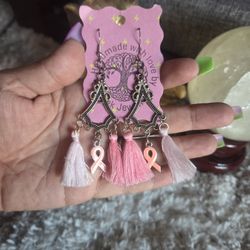 Handmade breast cancer awareness tassel earrings 