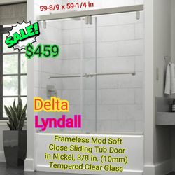 Delta

Lyndall 59-8/9 x 59-1/4 in. Frameless Mod Soft Close Sliding Tub Door in Nickel, 3/8 in. (10mm) Tempered Clear Glass

