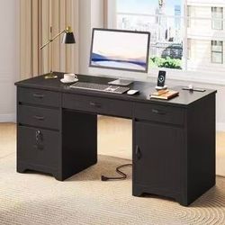 ❤️‍🔥 59 in. Rectangular Black Executive Desk with Lockable File Drawer