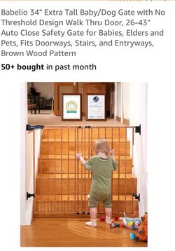 Babelio 34" Extra Tall Baby/Dog Gate with No Threshold Design Walk Thru Door, 26-43" Auto Close Safety Gate, Brown Wood Pattern