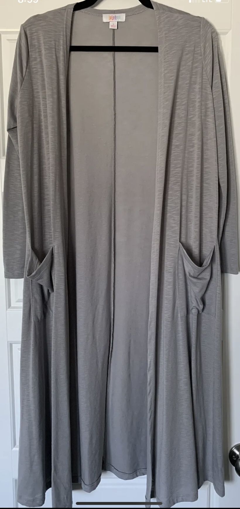 Lularoe Sarah Cardigan Duster, Light Gray With White Dash Pattern, Small, NWOT