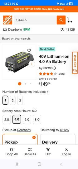 Ryobi 40V Lithium Battery 4.o Ah
