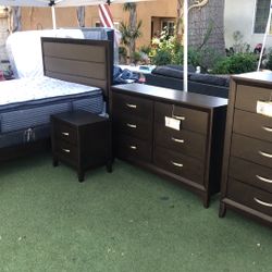 Dark Wood Bedroom Set Queen Mattress, boxspring, frame, one side table, one long dresser, one tall dresser