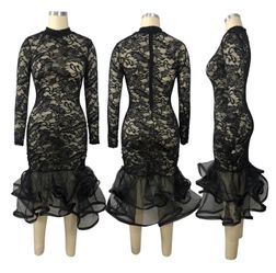 Black Organza Ruffle Sheer Lace Party Dress