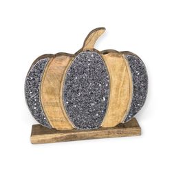 Silver Striped Beaded Wooden Pumpkin Rustic Fall Halloween Decor Centerpiece