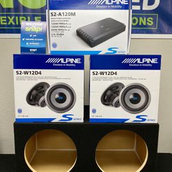 New (2) 12” inch Alpine S2-Series 600 Watts RMS Subwoofers + Alpine 1200 Watts RMS Monoblock Bass Amplifier + Speaker Box 🔊 ✅