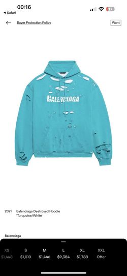 Balenciaga Caps Destroyed Oversize Fit Hoodie Turquoise/White