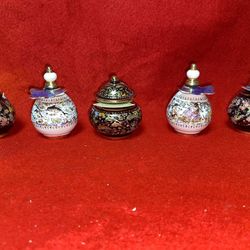 Vintage 2.5 Inch Set of 5 4 Oil/Perfume & 1 Cream 24k gold Ceramic Vase Collectibles (Read Description) (2 sets available) 