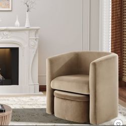 Barrel Armchair with Storage Ottoman – Khaki Fabric Accent Chair, Comfortable Lounge Chair for Living Room or Bedroom