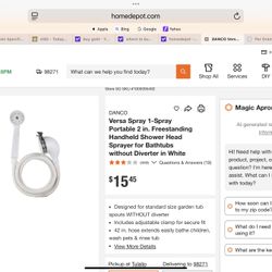 DANCO Versa Spray 1-Spray Portable 2 in. Freestanding Handheld Shower Head Sprayer for Bathtubs without Diverter in White