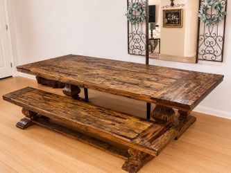 Rustic Solid Wood Farmhouse Dining Table & Bench