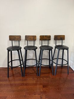 Set of 4 Industrial Bar Stools - Wood Back & Padded Seats