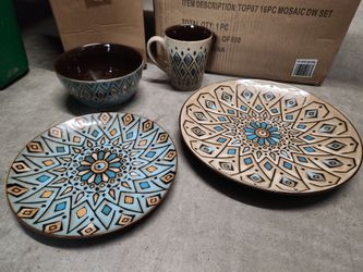 Beautiful Blue Tan Mosaic 16pc Dinnerwear Set for 4 Rare Pattern Dinner & Salad Plates Bowls Cups