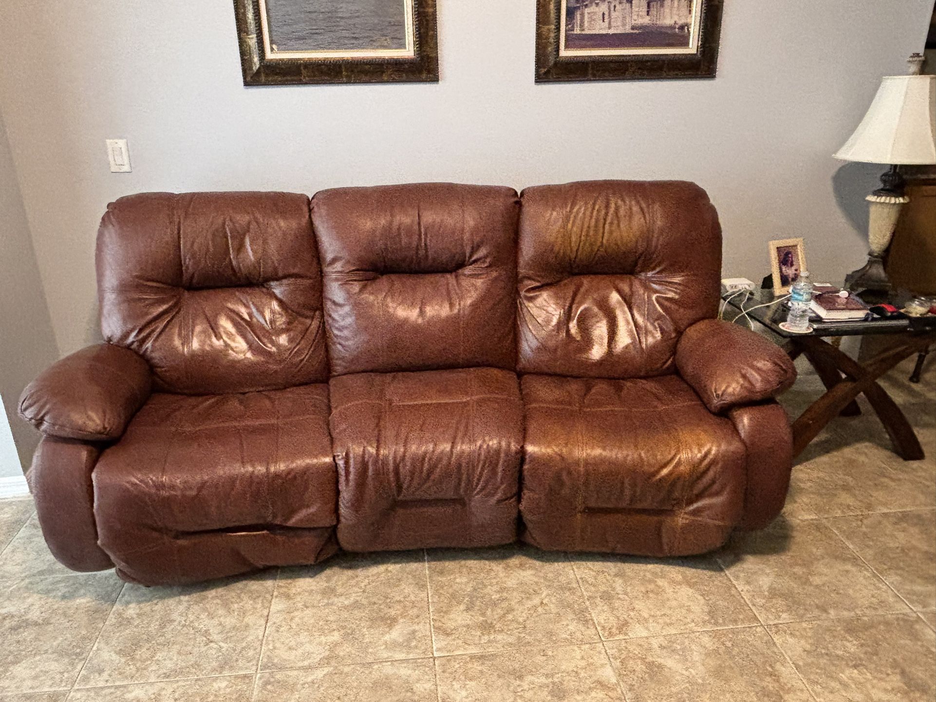 Leather Sofa With Side Electric Recliner 87” Long
