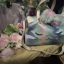 Pastel rainbow Glittery kitty duffel bag