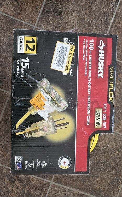 HuskyVividFlex 100 ft. 12/3 Heavy Duty Indoor/Outdoor Triple Tap Extension Cord with Lighted Ends Yellow