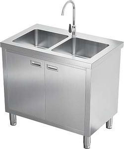 Jocisland 38 x 24 x 34 Inch Stainless Steel Utility Sink with Cabinet Double Bowl Sink, Commercial Freestanding Cabinet with Double-Door Storage for R