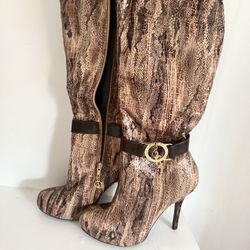 Y2K Baby Phat Women's Brown Snake-Skin Knee High Boots With Leather Strap And Gold Buckle
