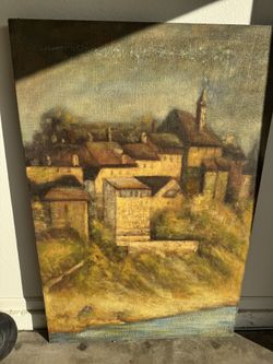 Large Vintage Village Painting – 61” x 40”