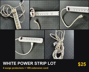 White Power Strip Lot - 4 Surge Protectors + 15ft Extension Cord