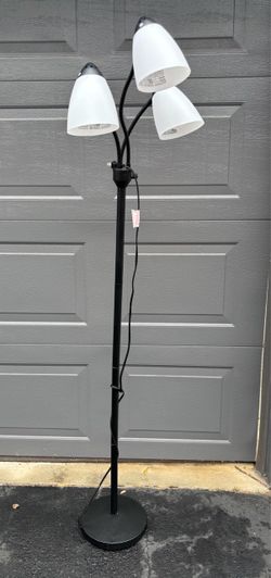 3 Head Floor Lamp Black with White Plastic Shades and with LED Bulbs Included like NEW