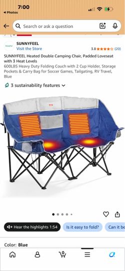 New SUNNYFEEL Heated Double Camping Chair, Padded Loveseat with 3 Heat Levels 600LBS Heavy Duty Folding Couch with 2 Cup Holder, Storage Pockets & Car